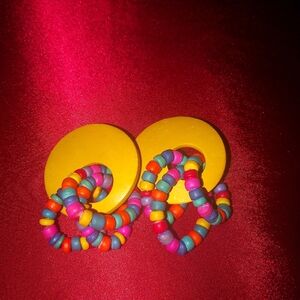 Colorful Yellow Wooden And Wooden Beads Hoop Clip On Earrings